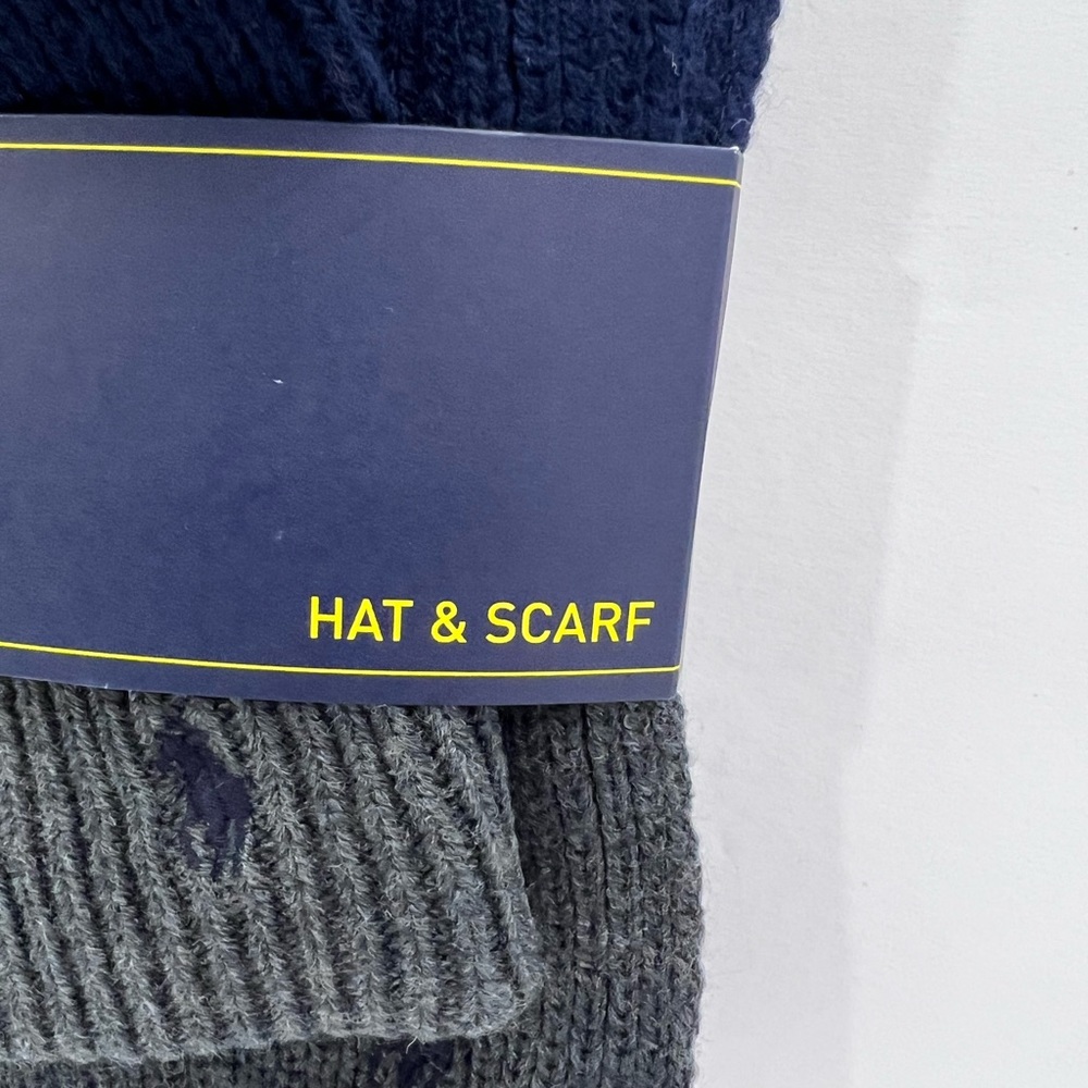 POLO RALPH LAUREN GREY AND NAVY BLUE BEANIE WITH MATCHING SCARF, UNISEX - Picture 8 of 14
